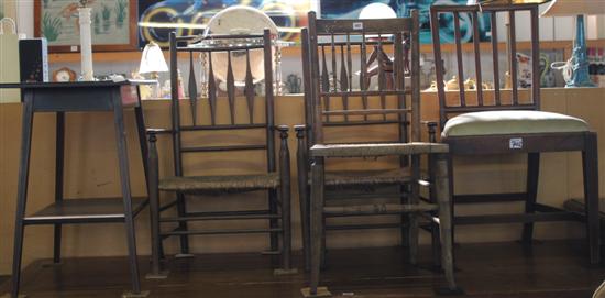 Edwardian mahogany rectangular occasional table with undertier, pair rush-seat elbow chairs & a beech chair(-)